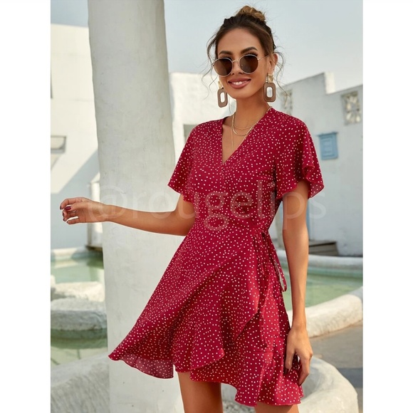Casual, Romantic Burgundy with White Polka Dots Dress Deep V Neck - Picture 6 of 7